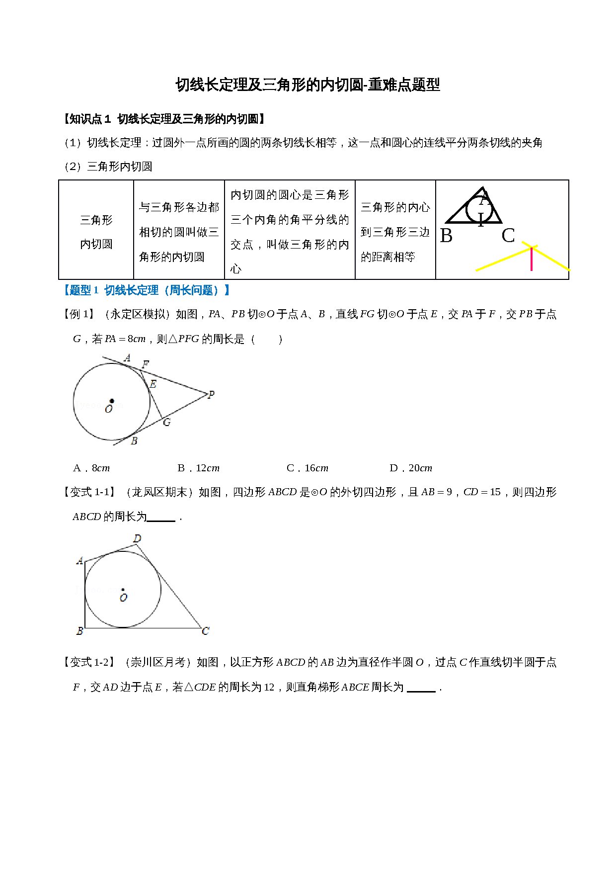 24-切线长定理及三角形的内切圆-重难点题型 预览